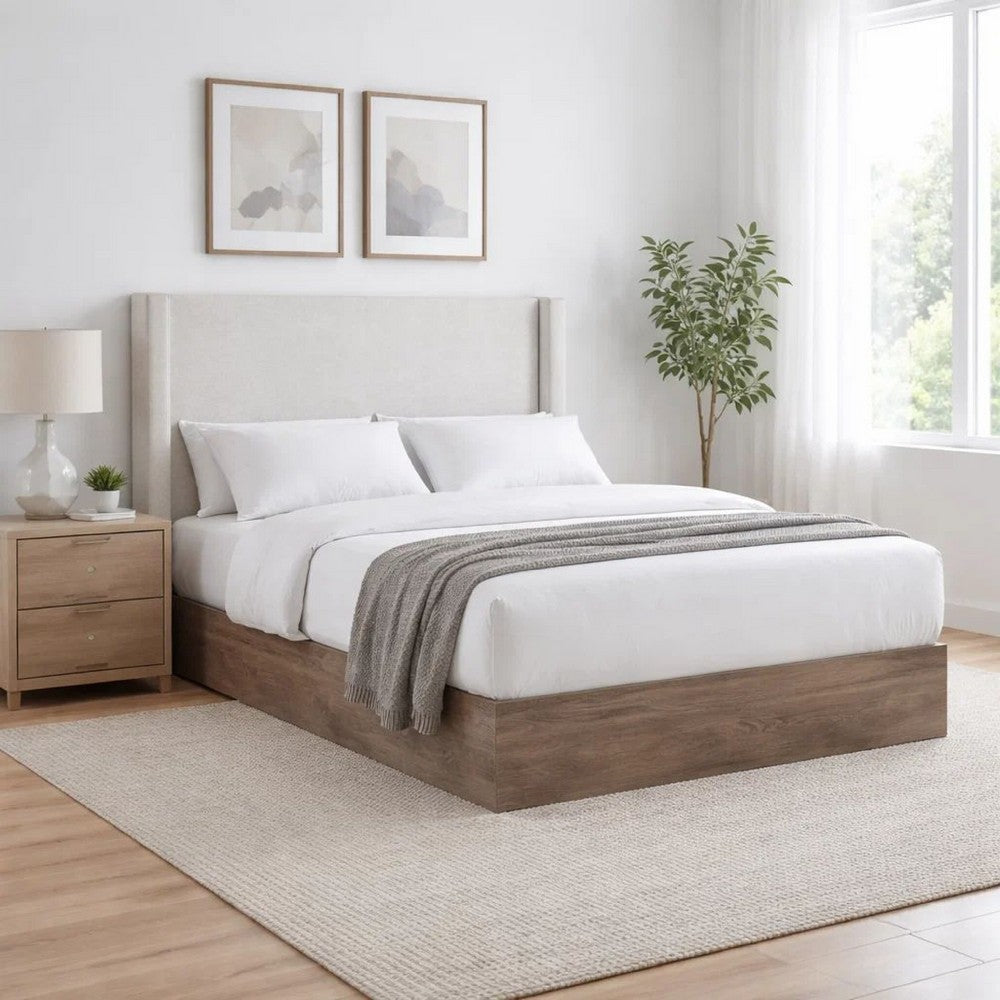 Sely Queen Size Bed with Wingback Headboard | Ivory Chenille Upholstery