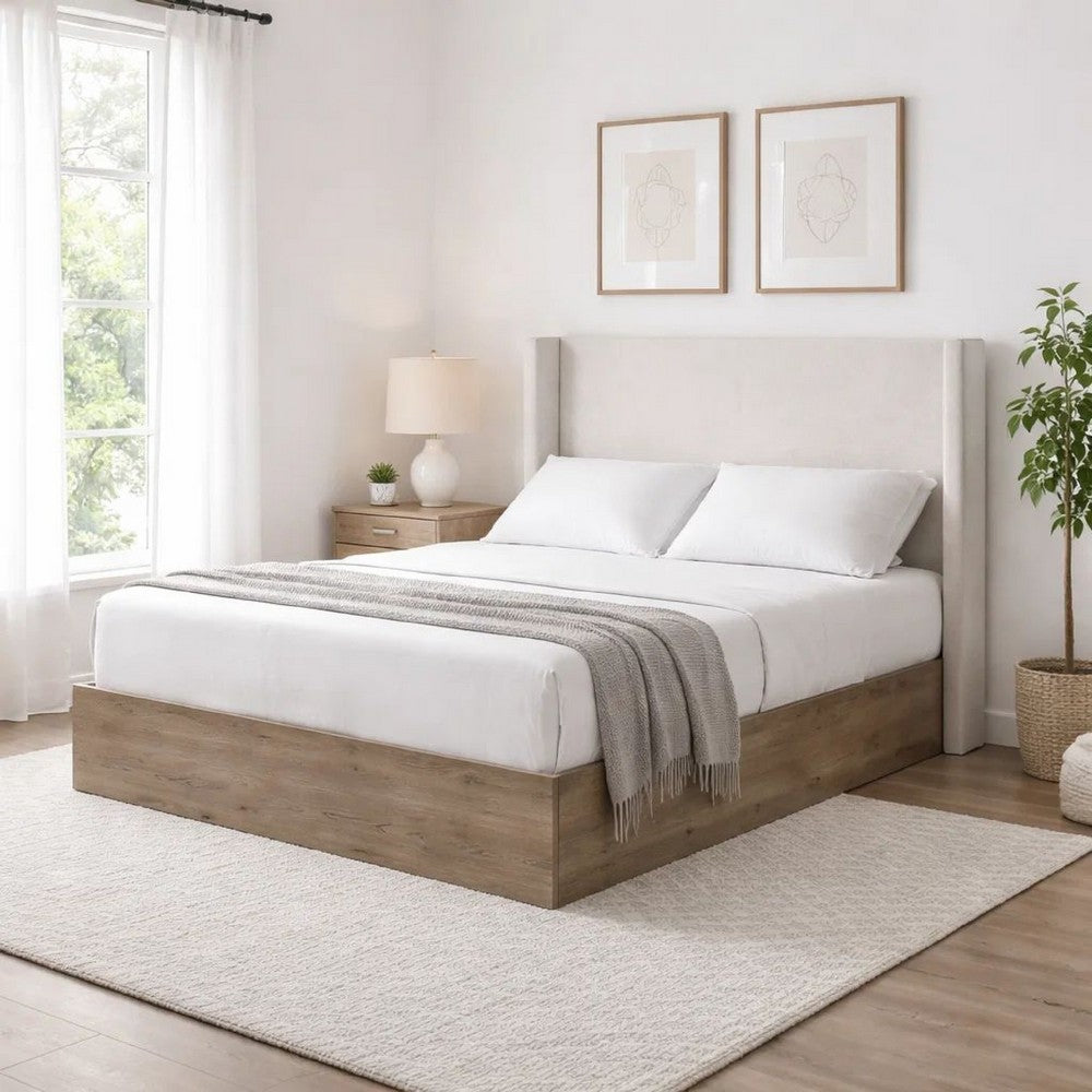 Sely Queen Size Bed with Wingback Headboard | Ivory Chenille Upholstery