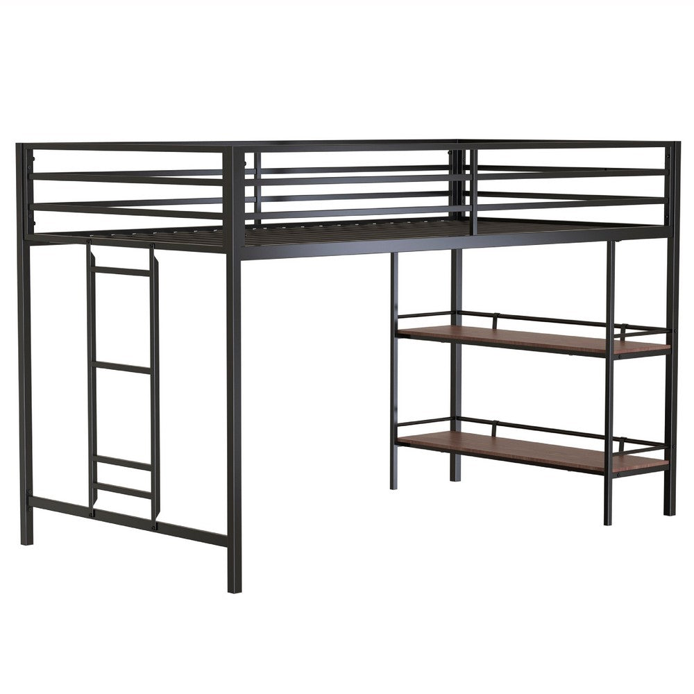 Ady Twin Size Loft Bed with Ladder & 2 Wood Shelves | Black Metal Frame
