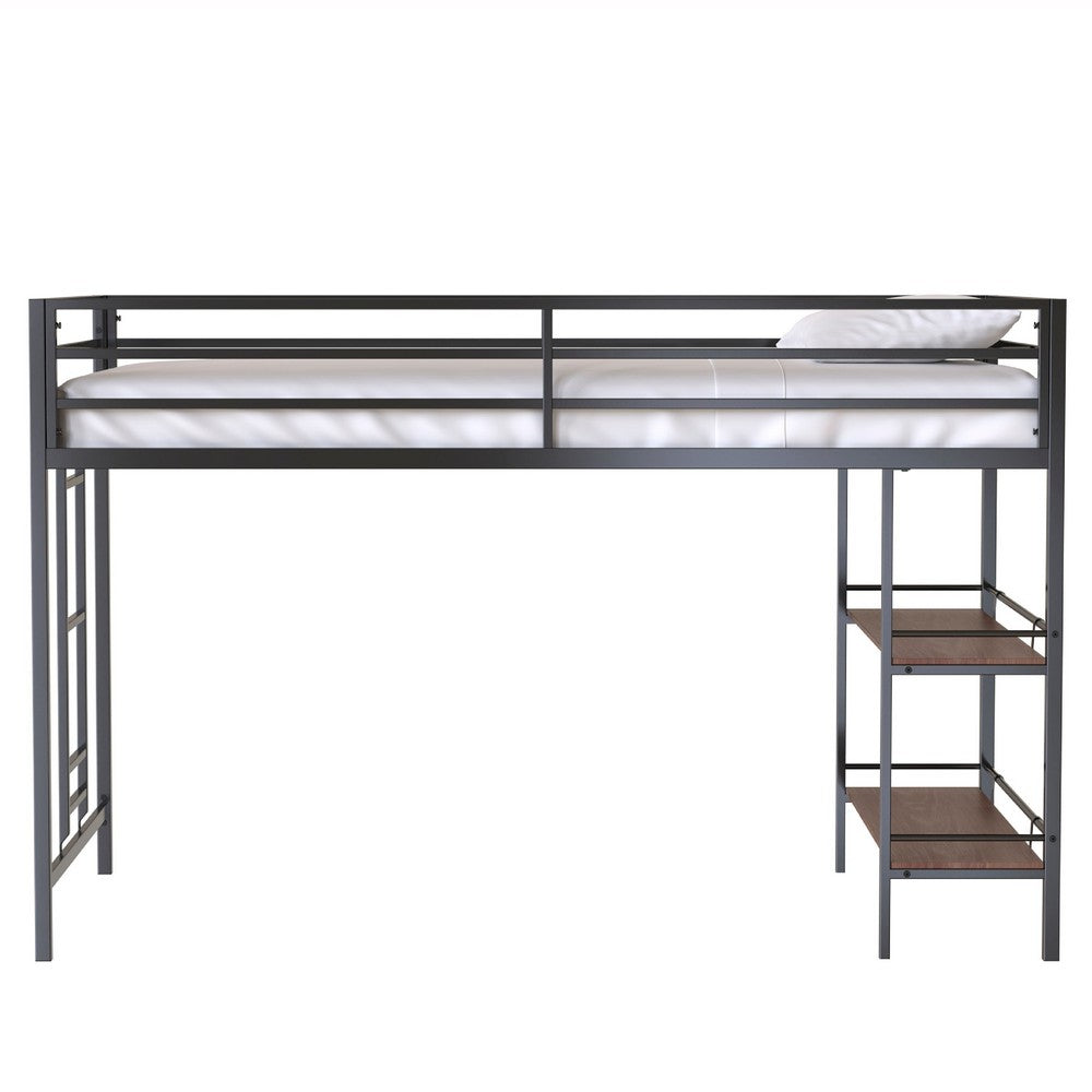 Ady Twin Size Loft Bed with Ladder & 2 Wood Shelves | Black Metal Frame