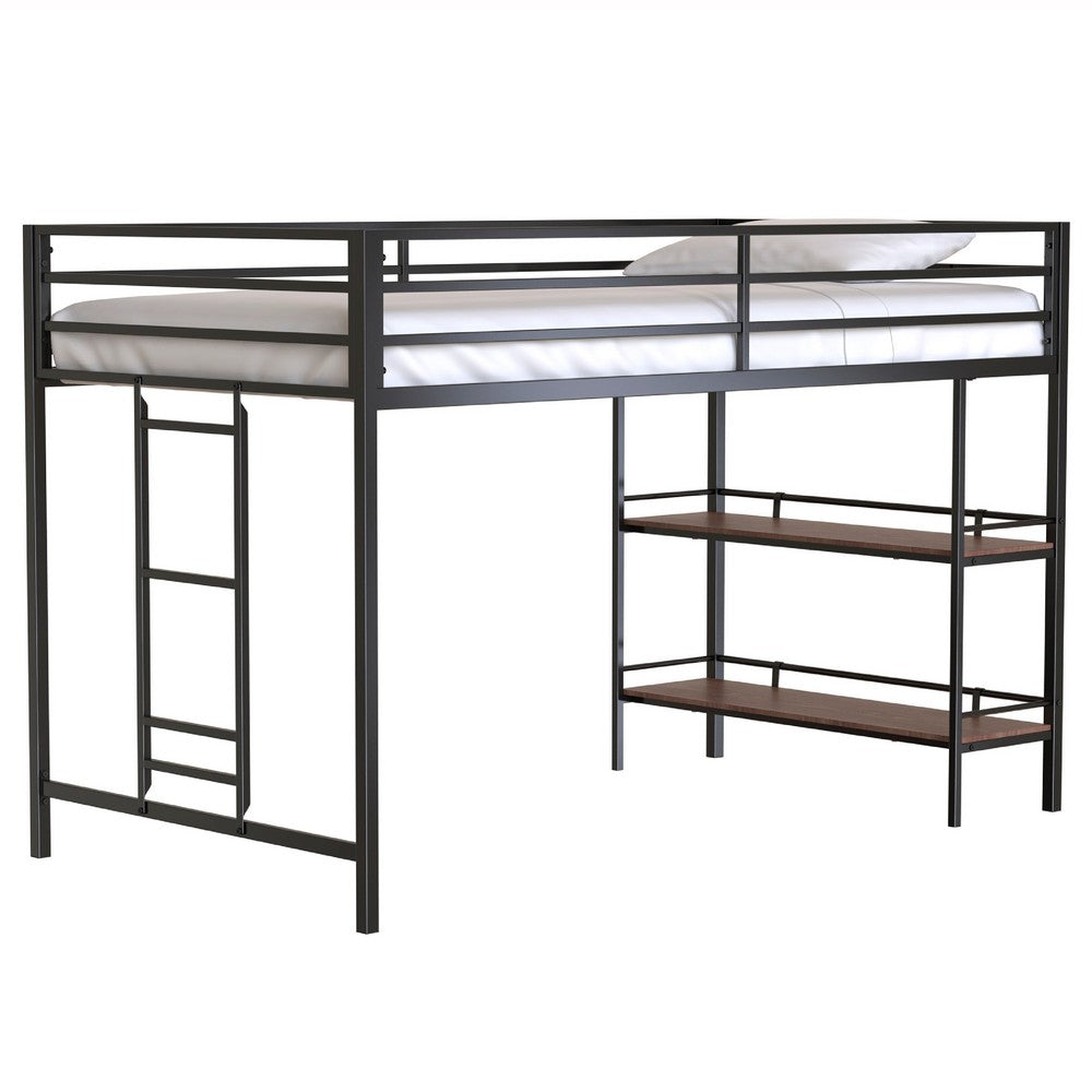 Ady Twin Size Loft Bed with Ladder & 2 Wood Shelves | Black Metal Frame