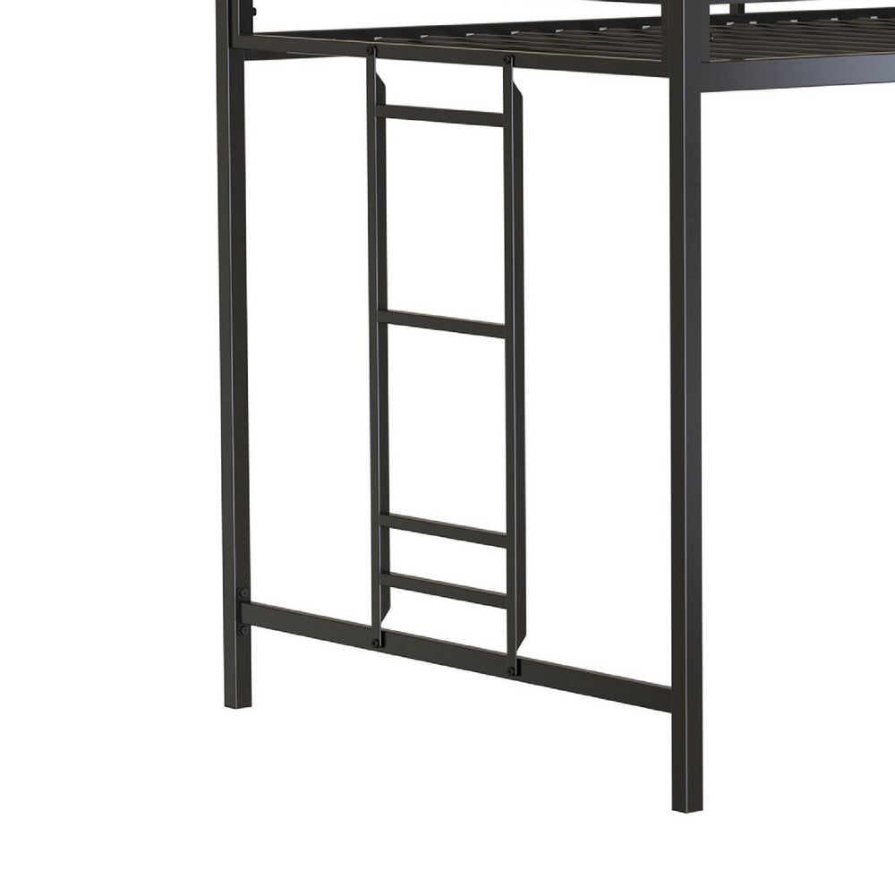 Ady Twin Size Loft Bed with Ladder & 2 Wood Shelves | Black Metal Frame