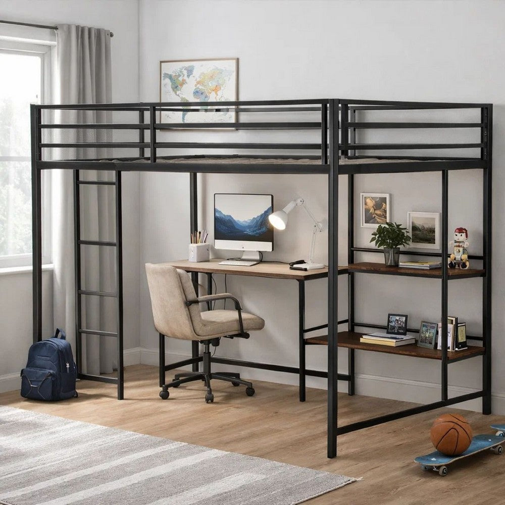 Ady Twin Size Loft Bed with Ladder & 2 Wood Shelves | Black Metal Frame