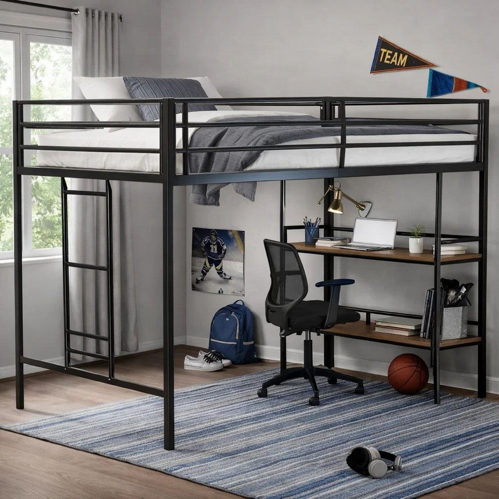 Ady Twin Size Loft Bed with Ladder & 2 Wood Shelves | Black Metal Frame