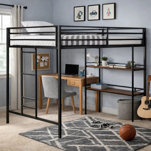 Ady Twin Size Loft Bed with Ladder & 2 Wood Shelves | Black Metal Frame