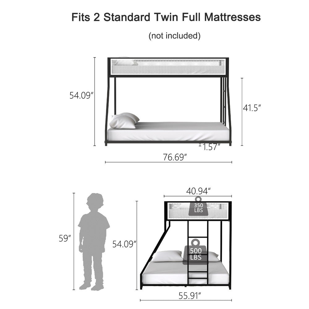 Ady Low Profile Twin Over Full Bunk Bed with Mesh Guardrail | Black Metal