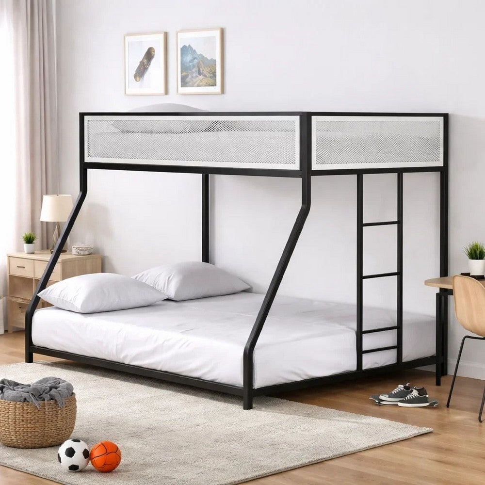 Ady Low Profile Twin Over Full Bunk Bed with Mesh Guardrail | Black Metal