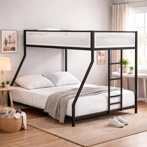 Ady Low Profile Twin Over Full Bunk Bed with Mesh Guardrail | Black Metal