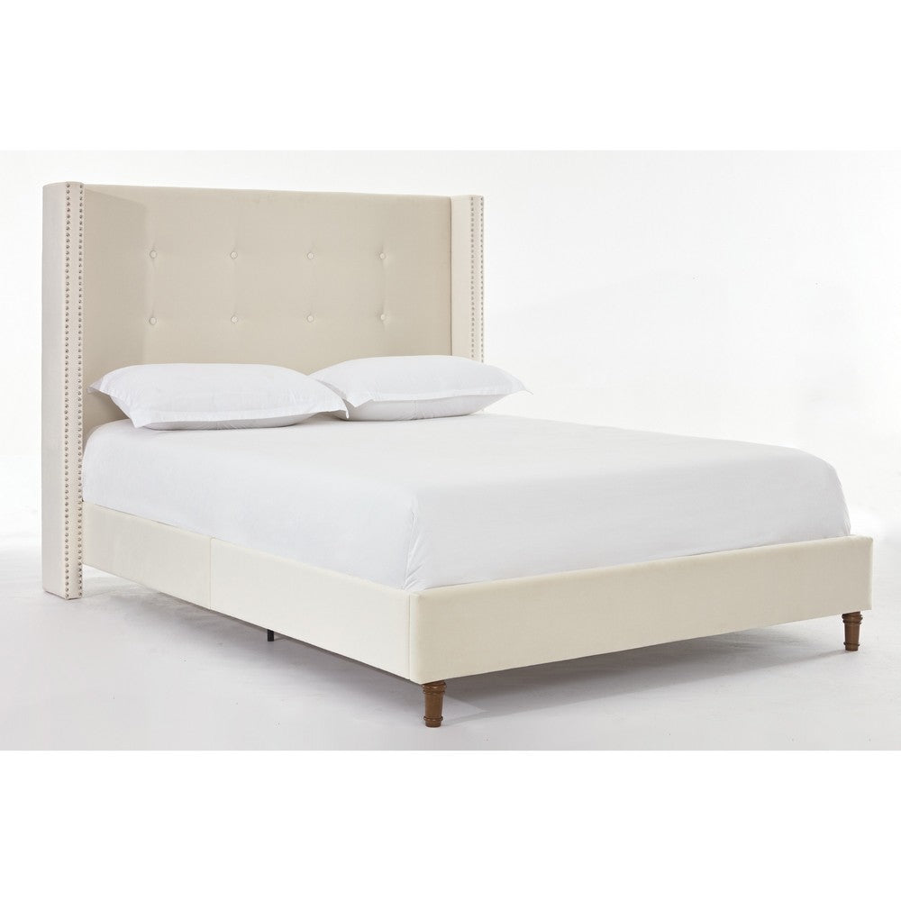 Pery Queen Size Bed with Button Tufted Headboard | Ivory Velvet Upholstery