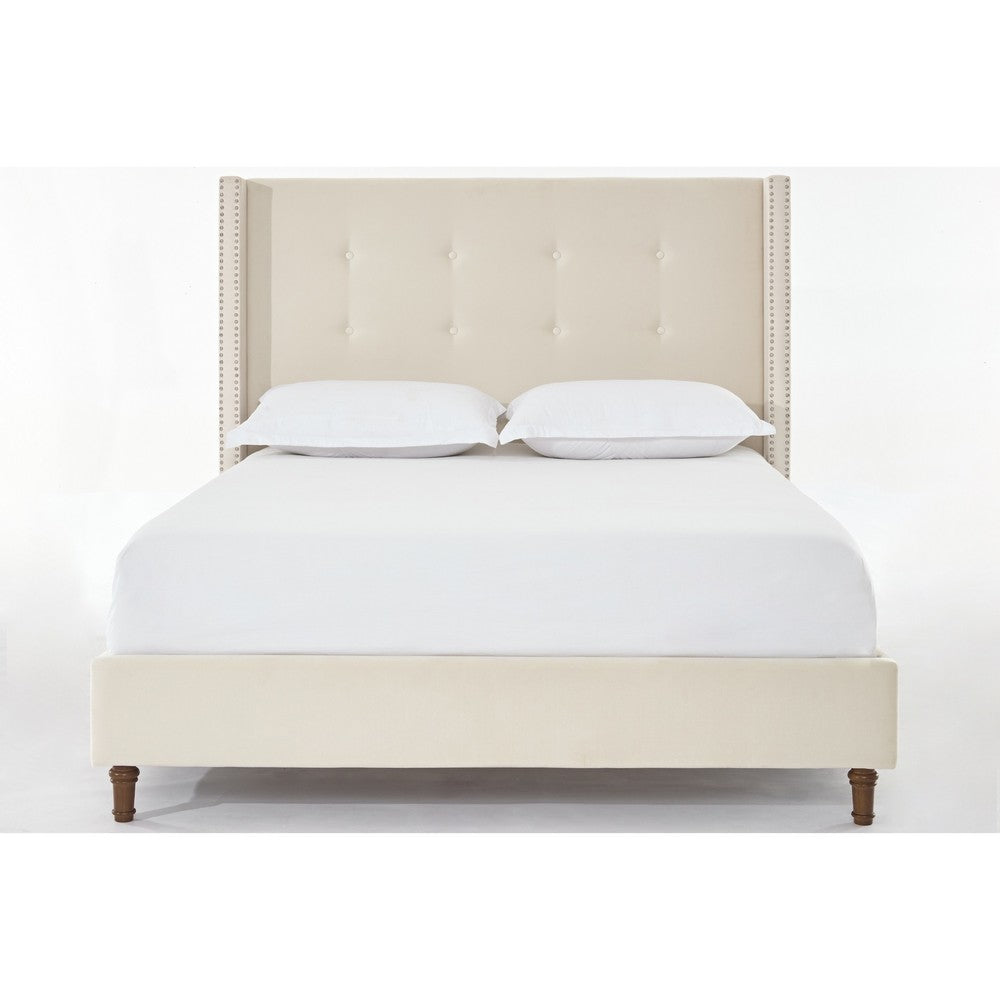 Pery Queen Size Bed with Button Tufted Headboard | Ivory Velvet Upholstery