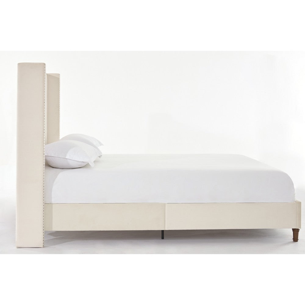 Pery Queen Size Bed with Button Tufted Headboard | Ivory Velvet Upholstery
