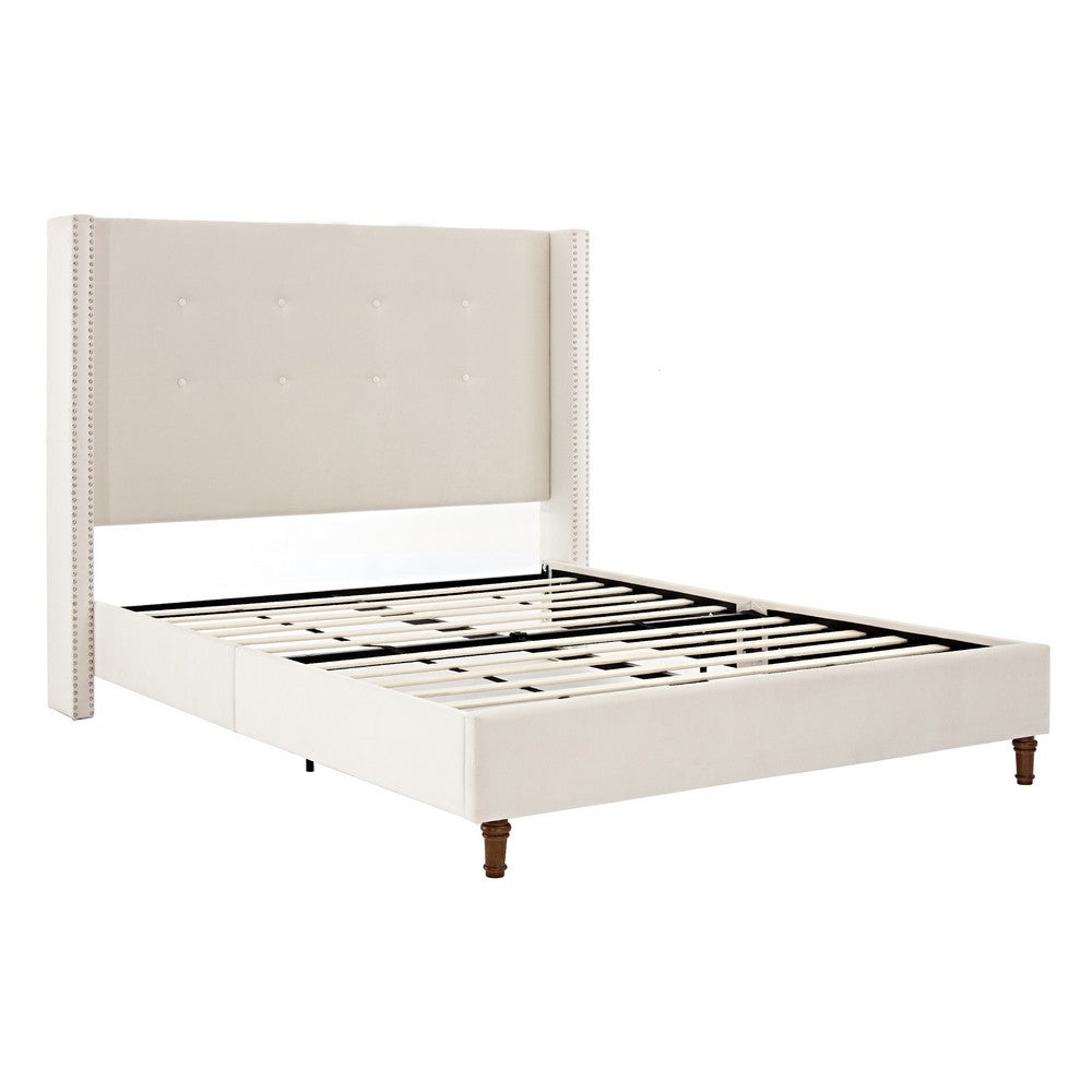 Pery Queen Size Bed with Button Tufted Headboard | Ivory Velvet Upholstery