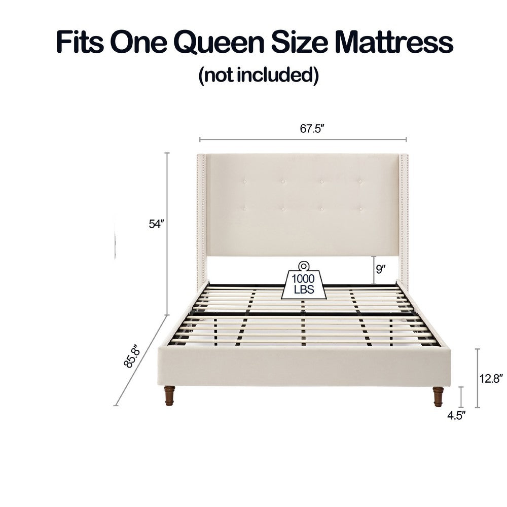 Pery Queen Size Bed with Button Tufted Headboard | Ivory Velvet Upholstery