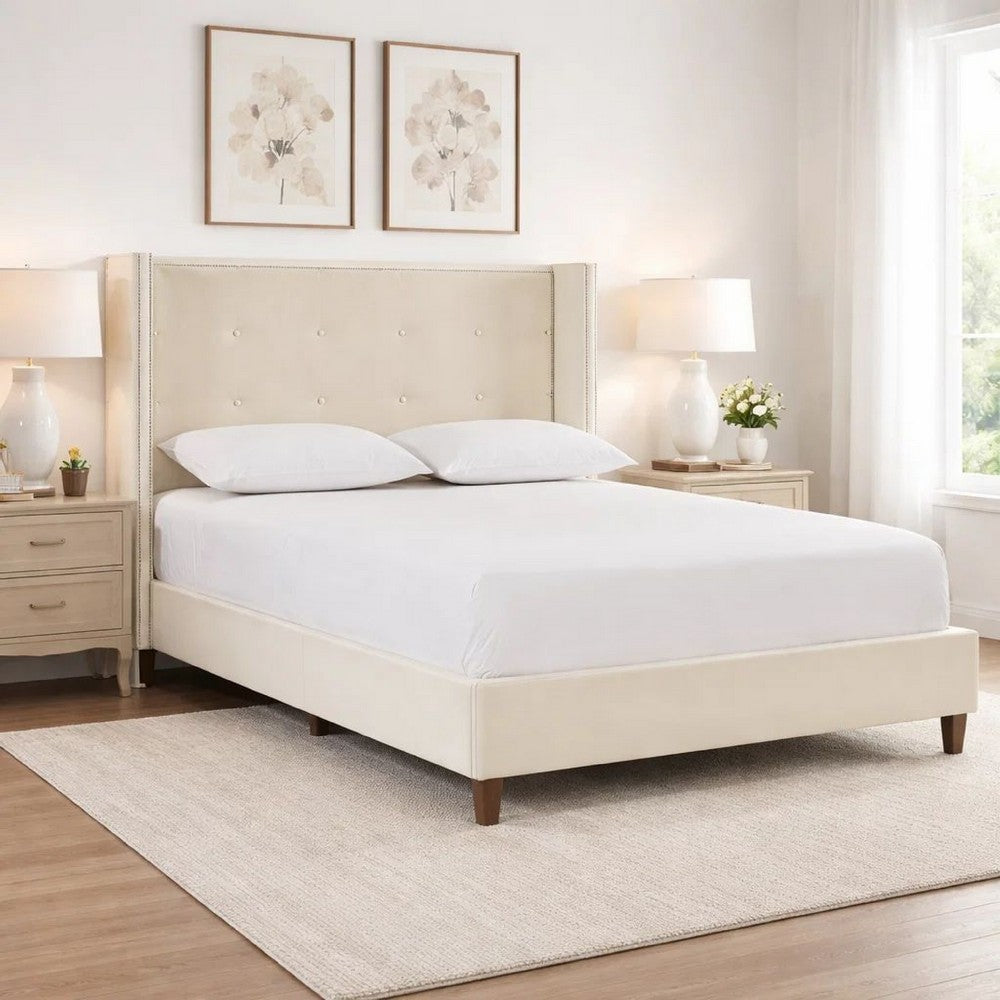 Pery Queen Size Bed with Button Tufted Headboard | Ivory Velvet Upholstery
