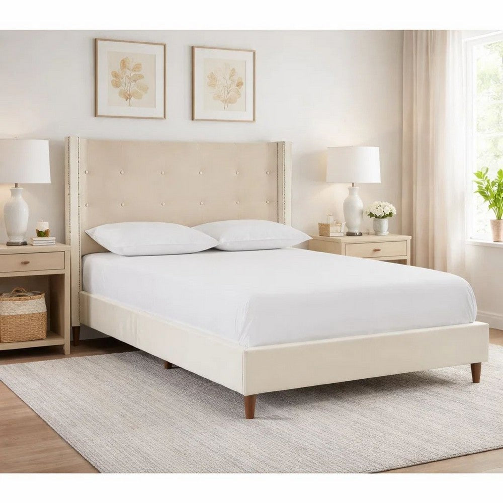 Pery Queen Size Bed with Button Tufted Headboard | Ivory Velvet Upholstery
