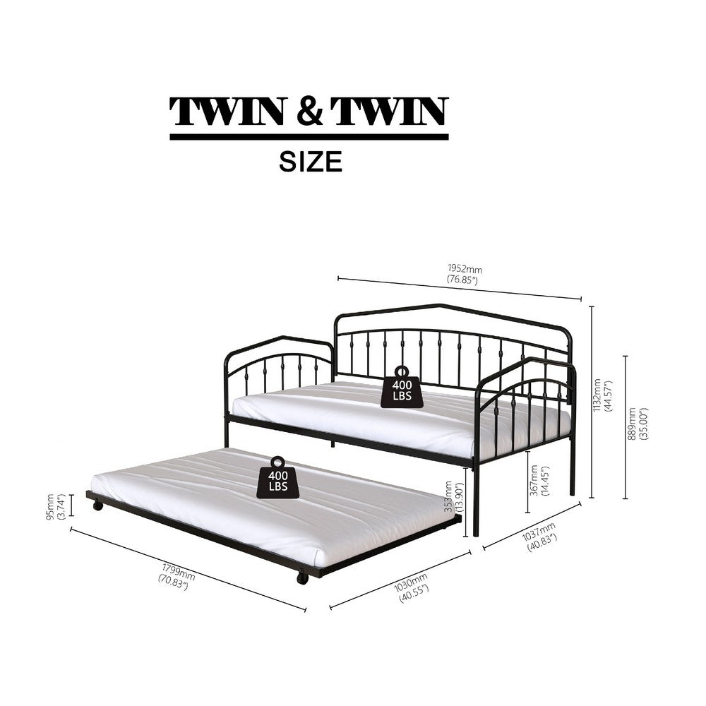 Fea Twin Size Daybed with Pull Out Twin Trundle | Black Metal Frame