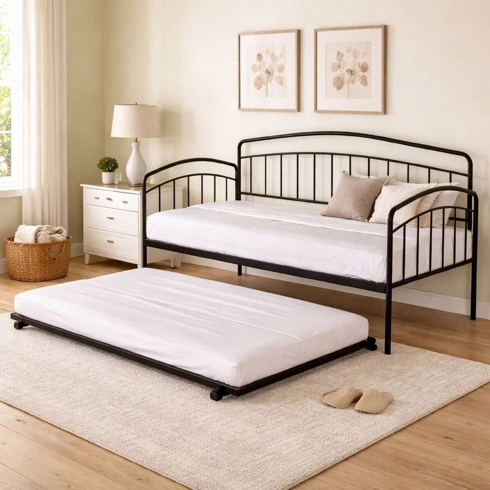 Fea Twin Size Daybed with Pull Out Twin Trundle | Black Metal Frame