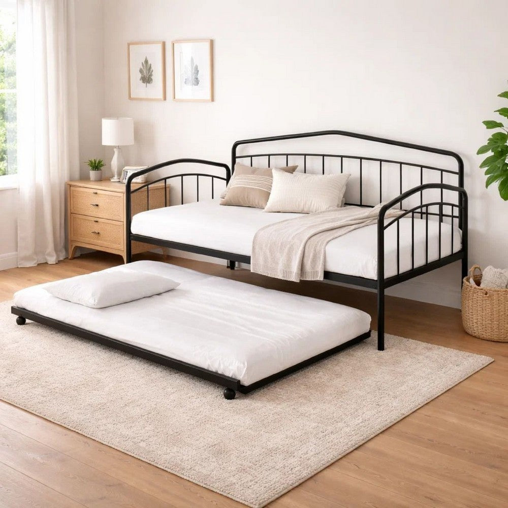 Fea Twin Size Daybed with Pull Out Twin Trundle | Black Metal Frame