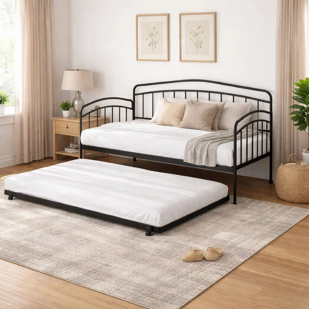 Fea Twin Size Daybed with Pull Out Twin Trundle | Black Metal Frame