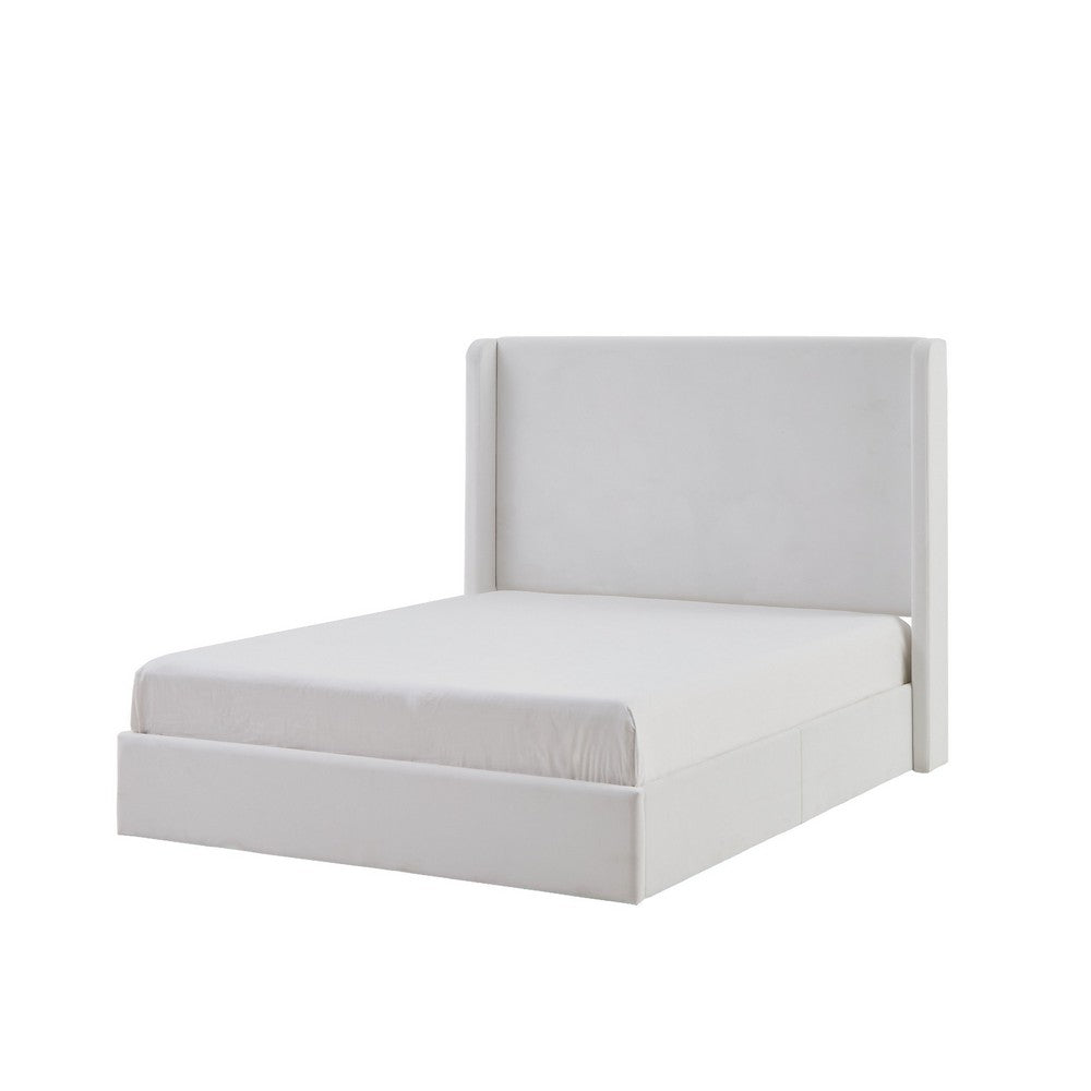 Cery King Size Bed with High Wingback Headboard | White Velvet Upholstery