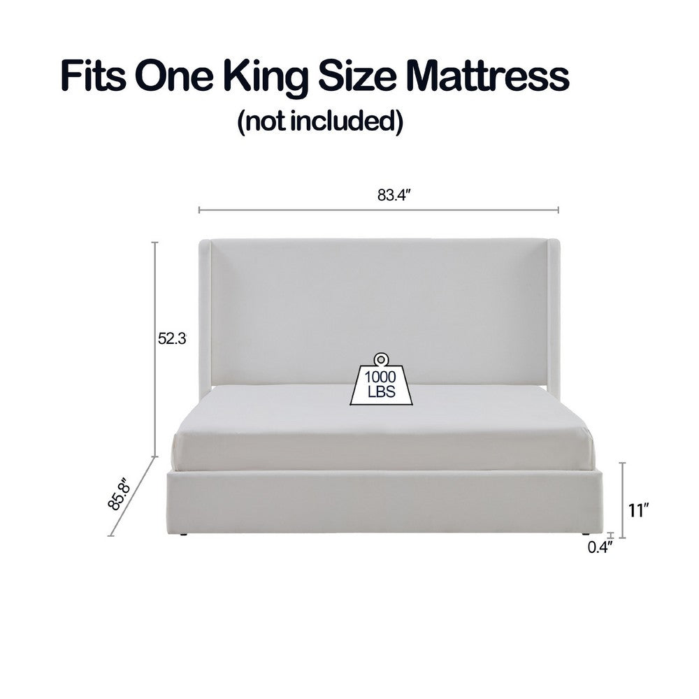 Cery King Size Bed with High Wingback Headboard | White Velvet Upholstery