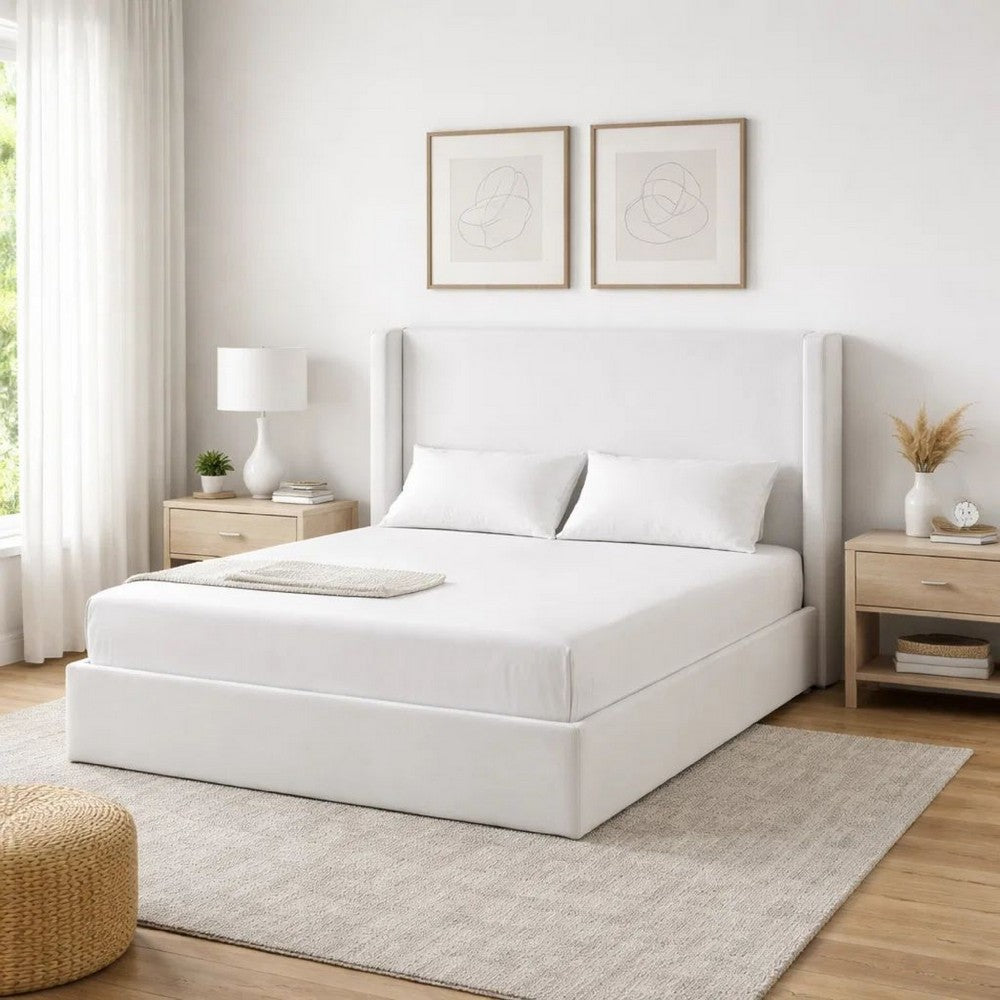 Cery King Size Bed with High Wingback Headboard | White Velvet Upholstery