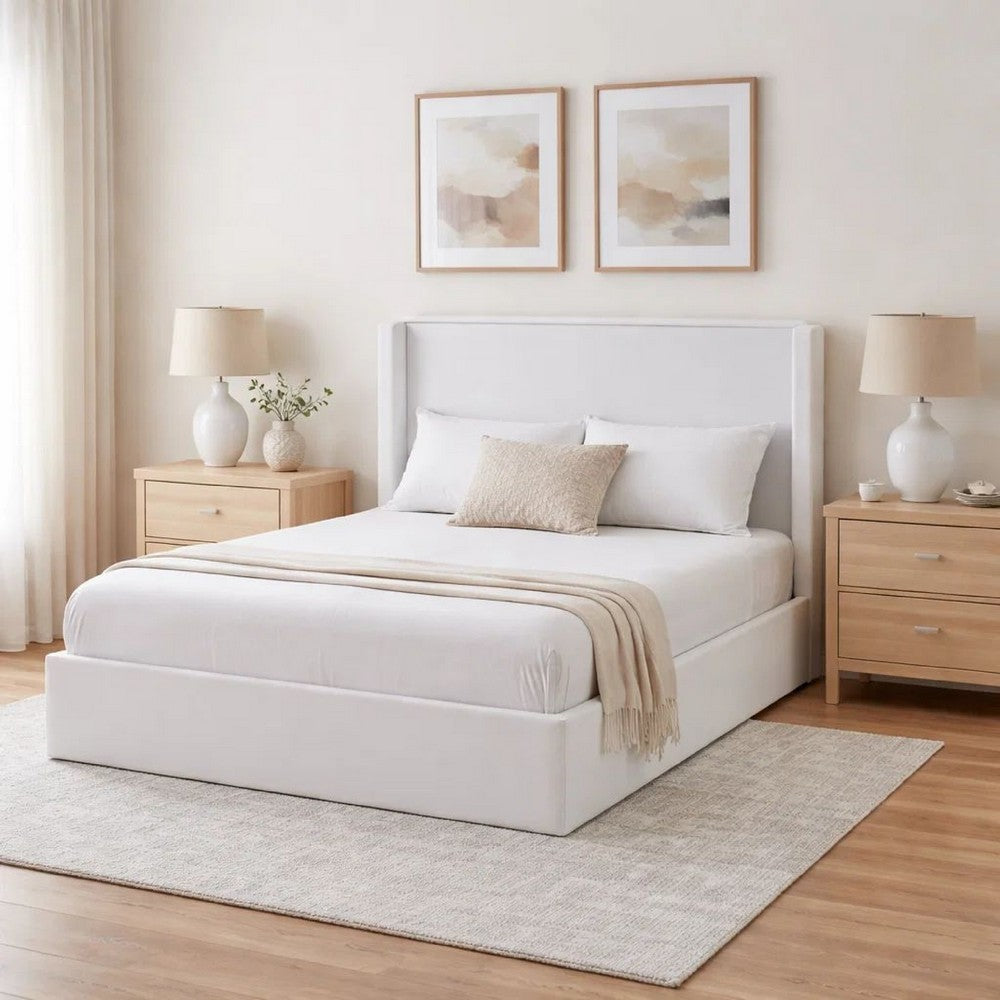 Cery King Size Bed with High Wingback Headboard | White Velvet Upholstery