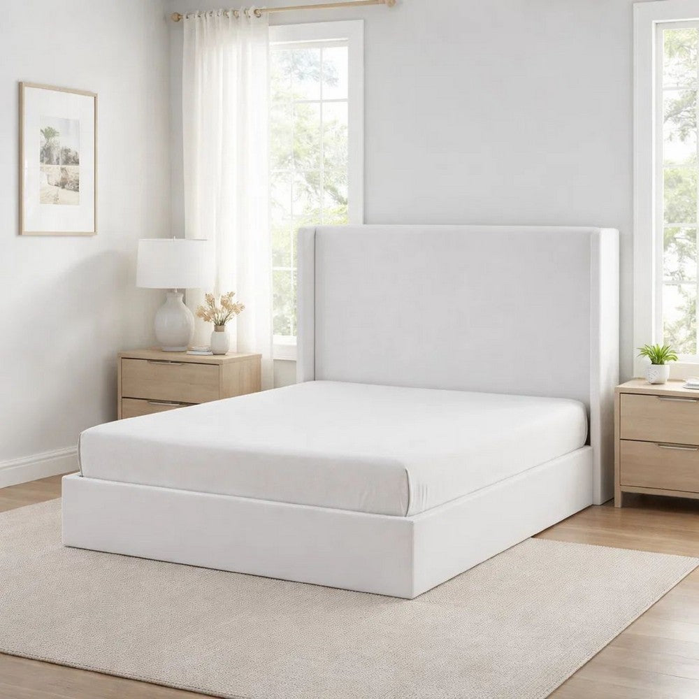 Cery King Size Bed with High Wingback Headboard | White Velvet Upholstery