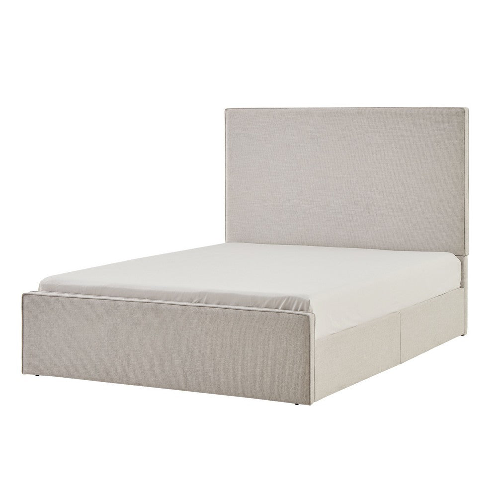 Zely Queen Size Bed with Tall Headboard | Textured Ivory Upholstery