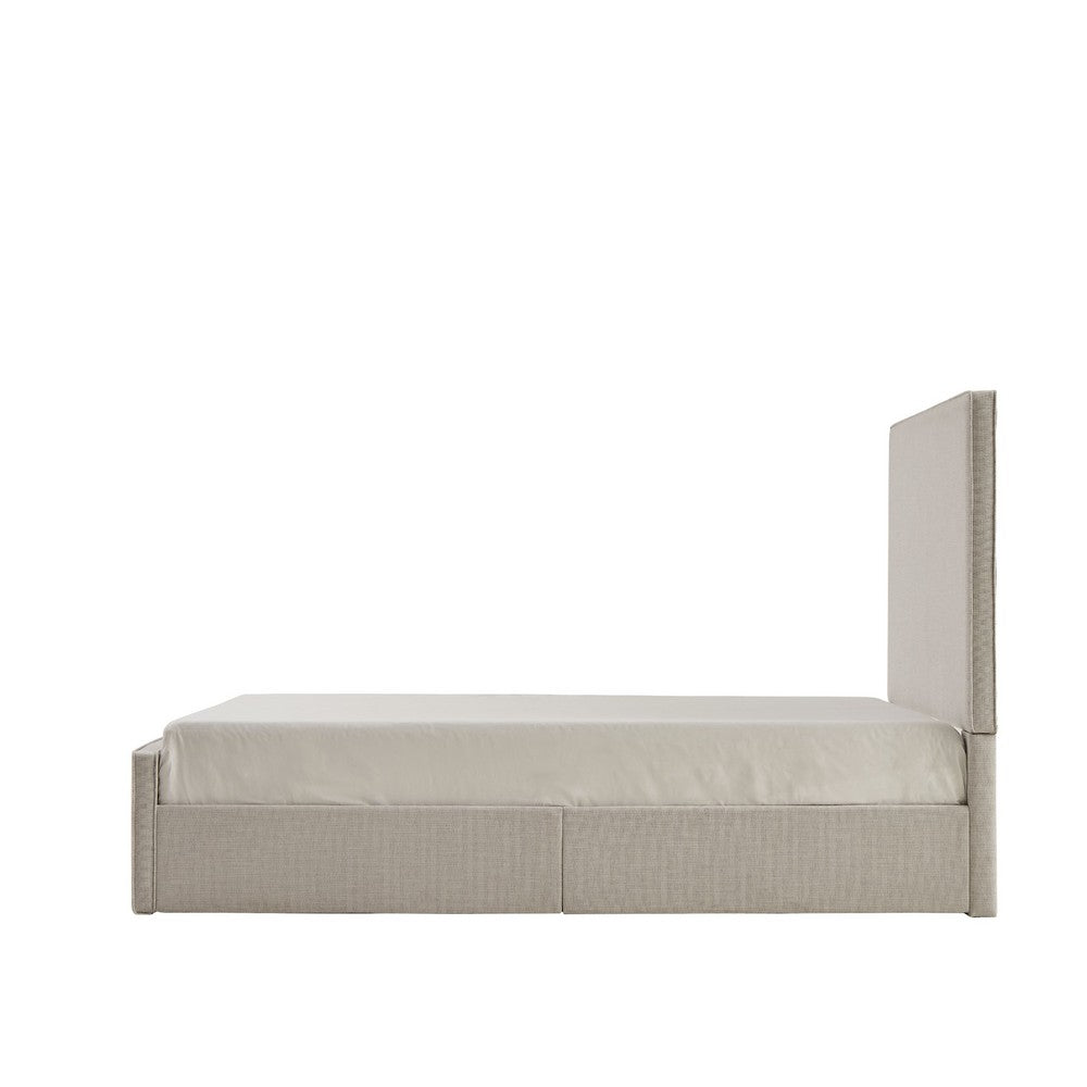 Zely Queen Size Bed with Tall Headboard | Textured Ivory Upholstery