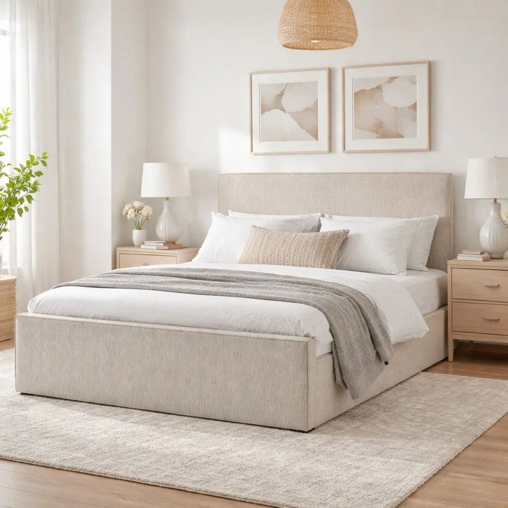 Zely Queen Size Bed with Tall Headboard | Textured Ivory Upholstery