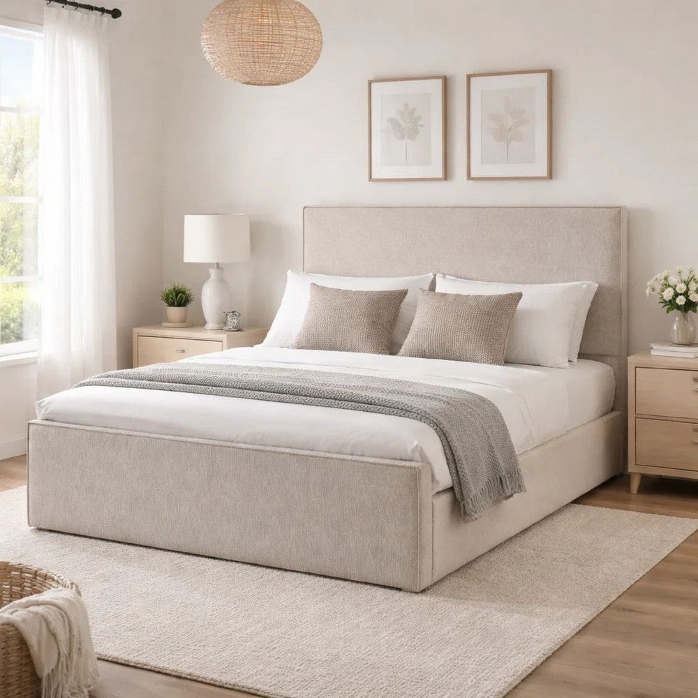 Zely Queen Size Bed with Tall Headboard | Textured Ivory Upholstery
