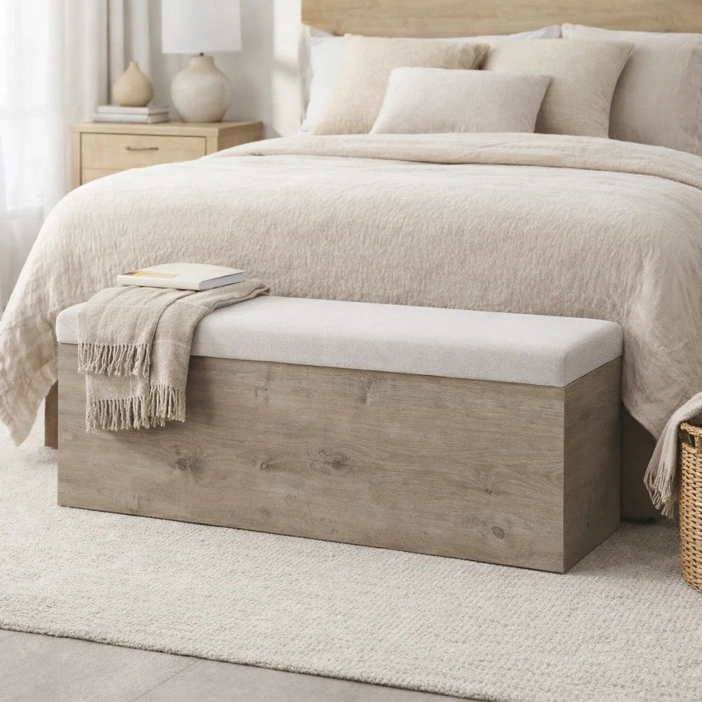 Sely Bench with Flip Top Storage | 46" Padded Ivory Seat | Light Gray