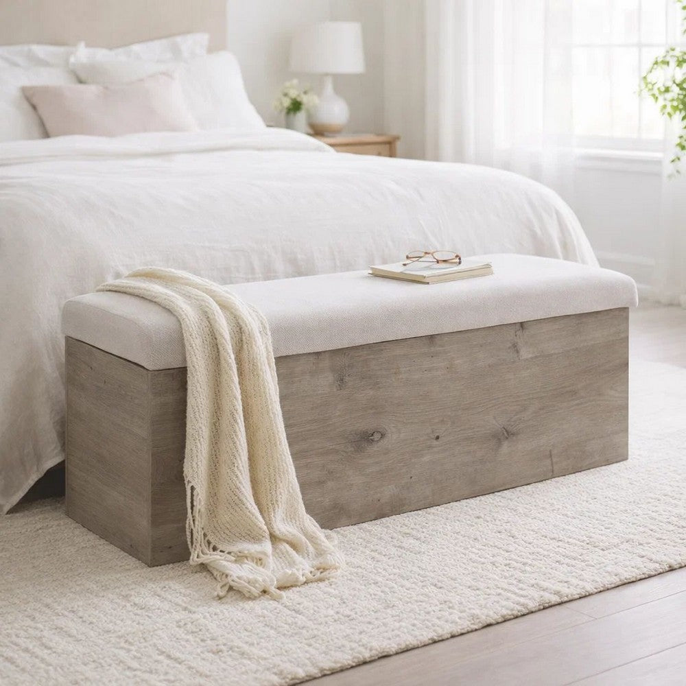 Sely Bench with Flip Top Storage | 46" Padded Ivory Seat | Light Gray