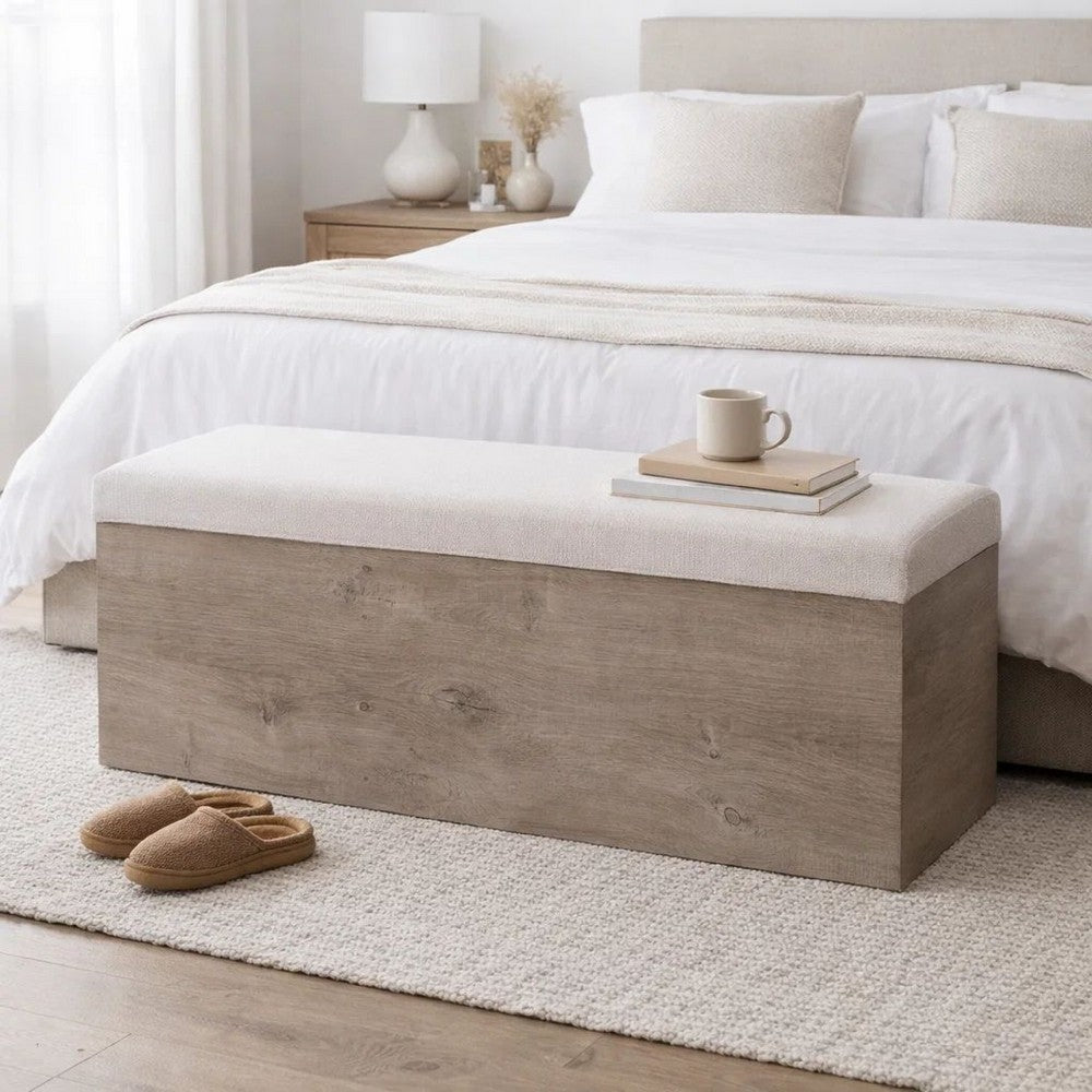 Sely Bench with Flip Top Storage | 46" Padded Ivory Seat | Light Gray