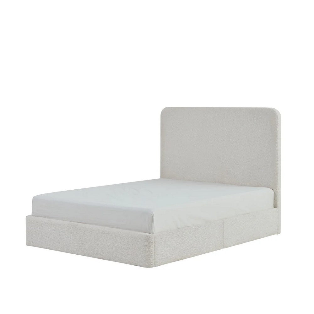 Welz Queen Size Bed with Tall Headboard | Pearl White Chenille Upholstery