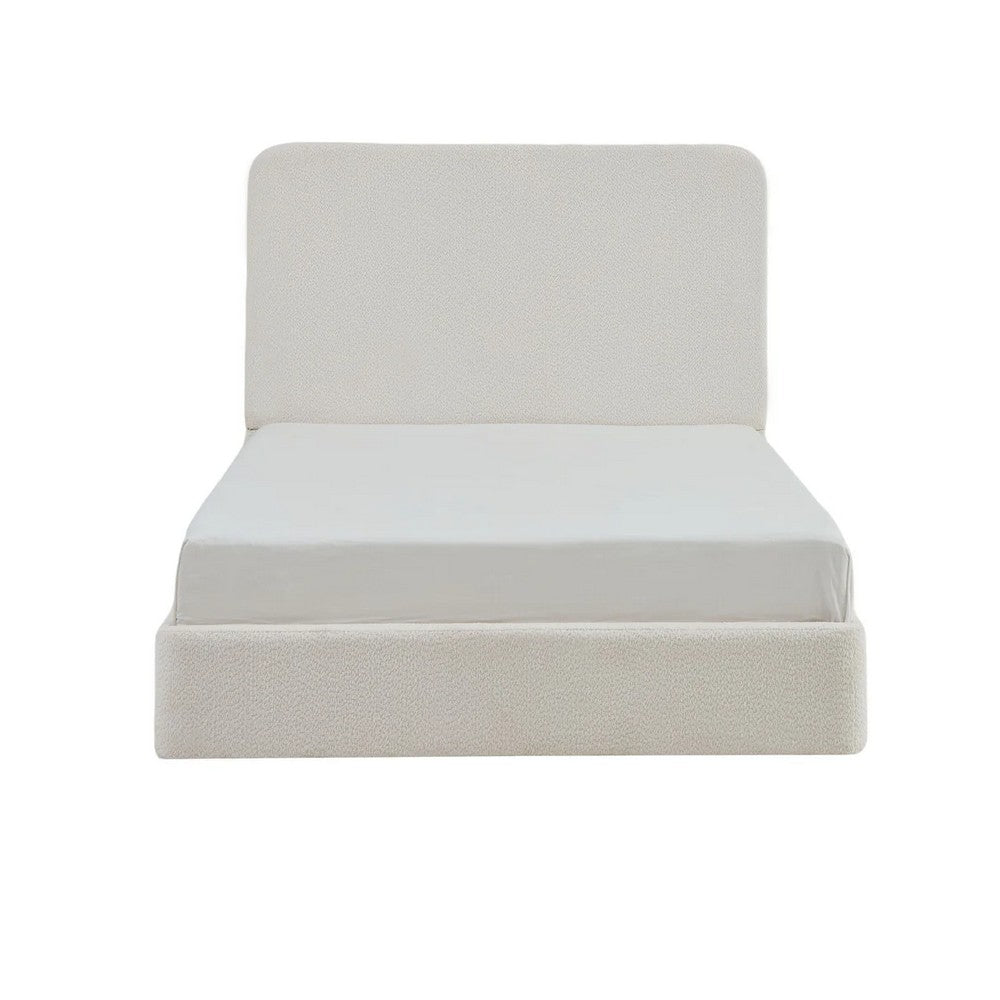 Welz Queen Size Bed with Tall Headboard | Pearl White Chenille Upholstery