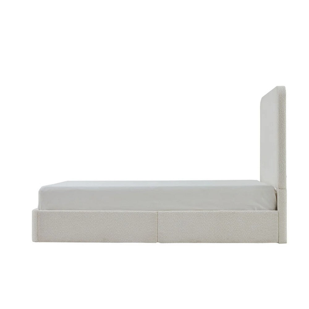 Welz Queen Size Bed with Tall Headboard | Pearl White Chenille Upholstery