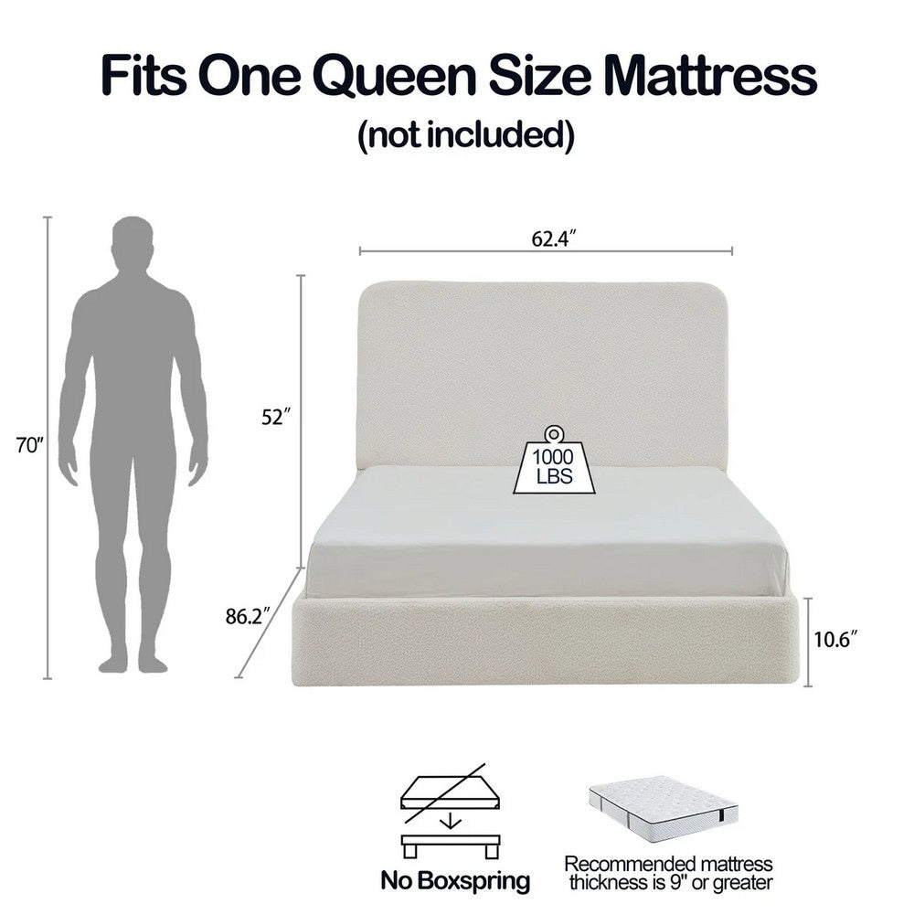 Welz Queen Size Bed with Tall Headboard | Pearl White Chenille Upholstery