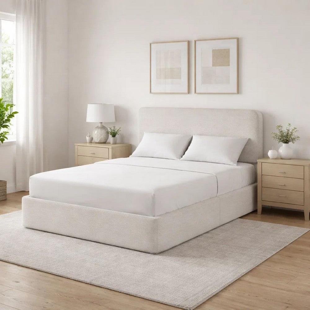 Welz Queen Size Bed with Tall Headboard | Pearl White Chenille Upholstery