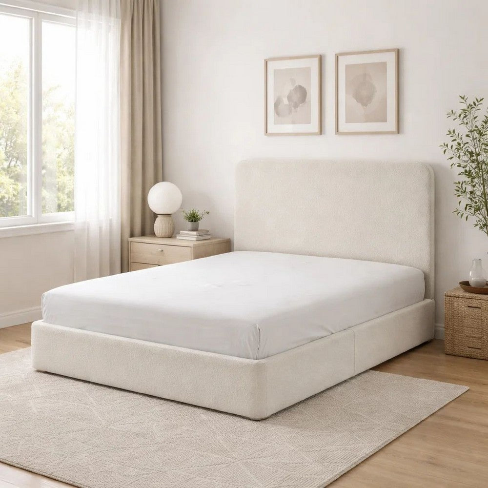 Welz Queen Size Bed with Tall Headboard | Pearl White Chenille Upholstery