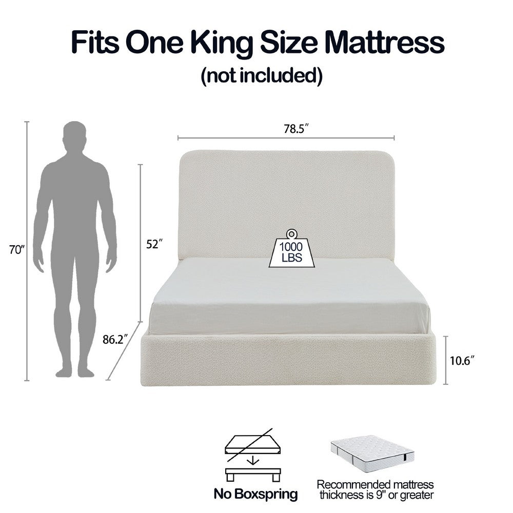 Welz King Size Bed with Tall Headboard | Pearl White Chenille Upholstery