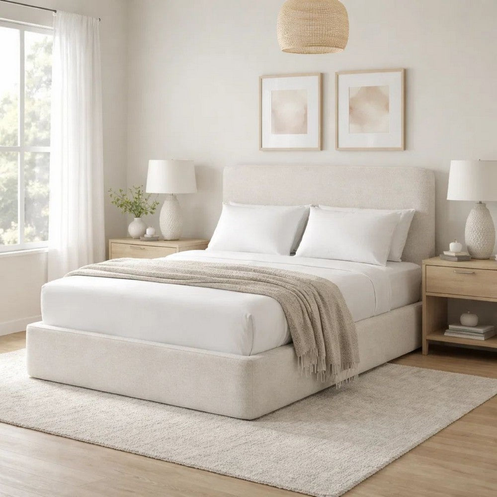 Welz King Size Bed with Tall Headboard | Pearl White Chenille Upholstery
