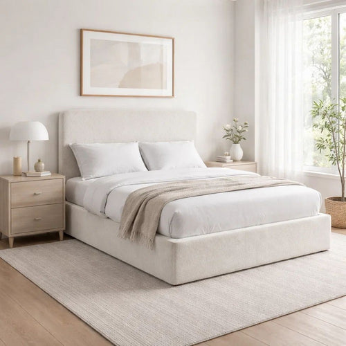 Welz King Size Bed with Tall Headboard | Pearl White Chenille Upholstery