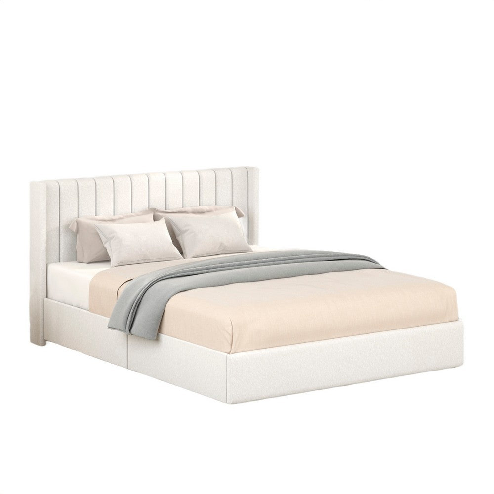 Deny Queen Size Bed | 2 Drawers | Channel Tufted Ivory Boucle Upholstery
