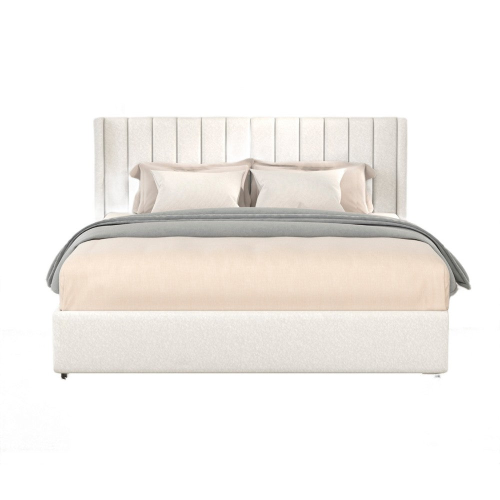 Deny Queen Size Bed | 2 Drawers | Channel Tufted Ivory Boucle Upholstery