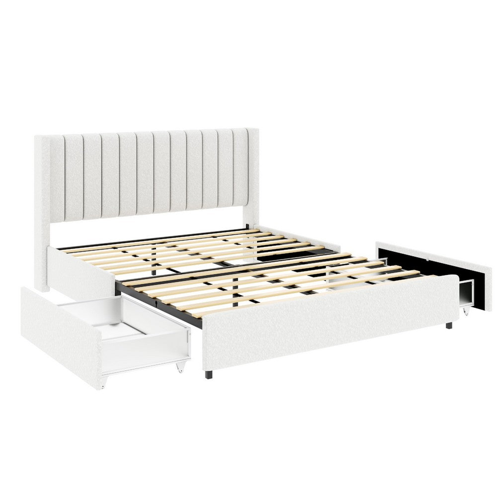 Deny Queen Size Bed | 2 Drawers | Channel Tufted Ivory Boucle Upholstery