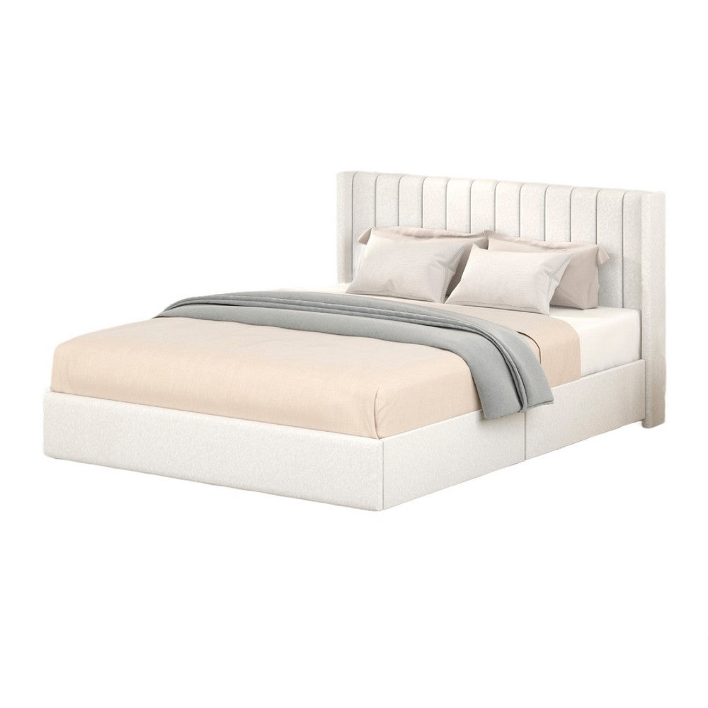 Deny Queen Size Bed | 2 Drawers | Channel Tufted Ivory Boucle Upholstery
