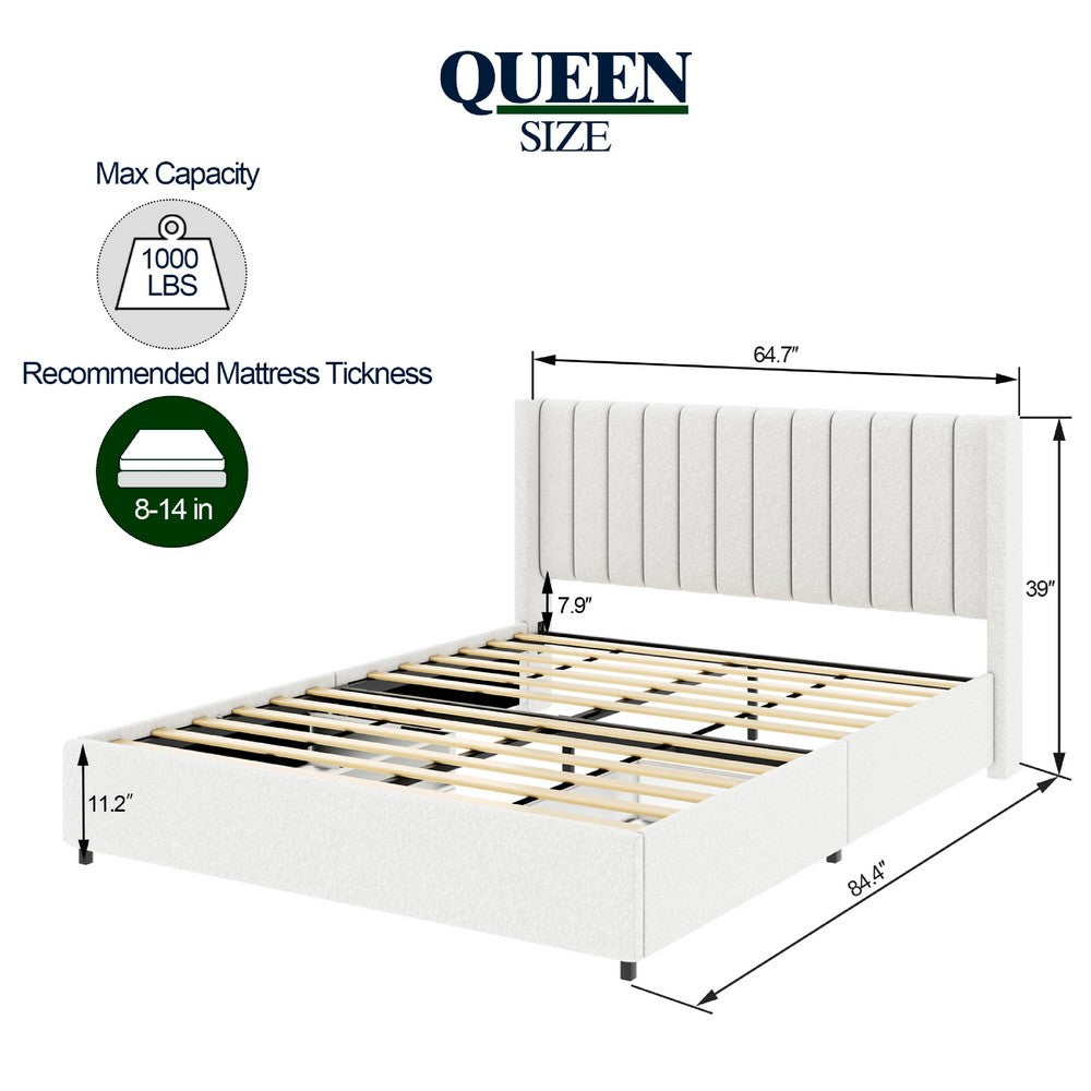 Deny Queen Size Bed | 2 Drawers | Channel Tufted Ivory Boucle Upholstery