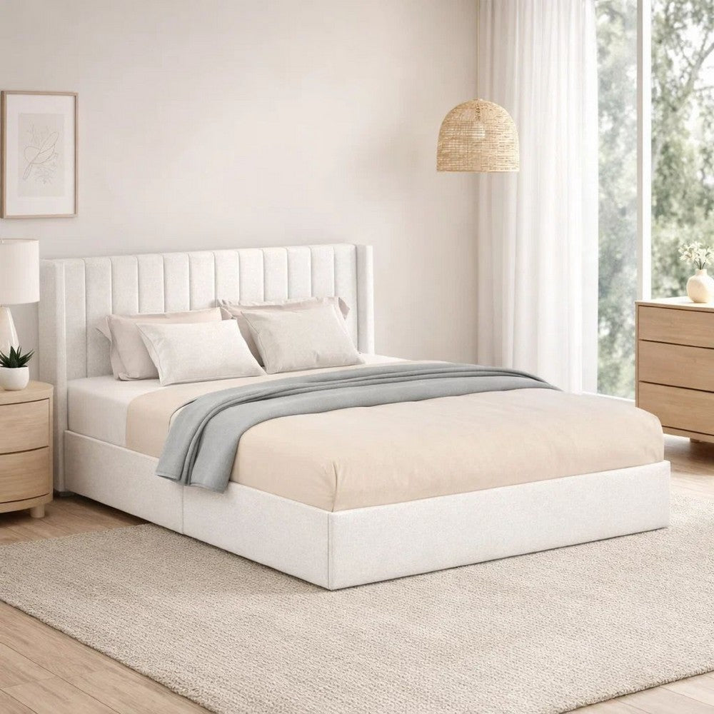 Deny Queen Size Bed | 2 Drawers | Channel Tufted Ivory Boucle Upholstery